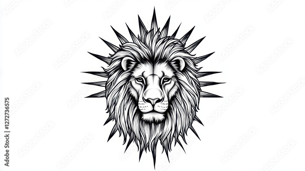 Fototapeta premium A lion head with a striking sunburst tattoo design, radiating strength, energy, and bold artistic style