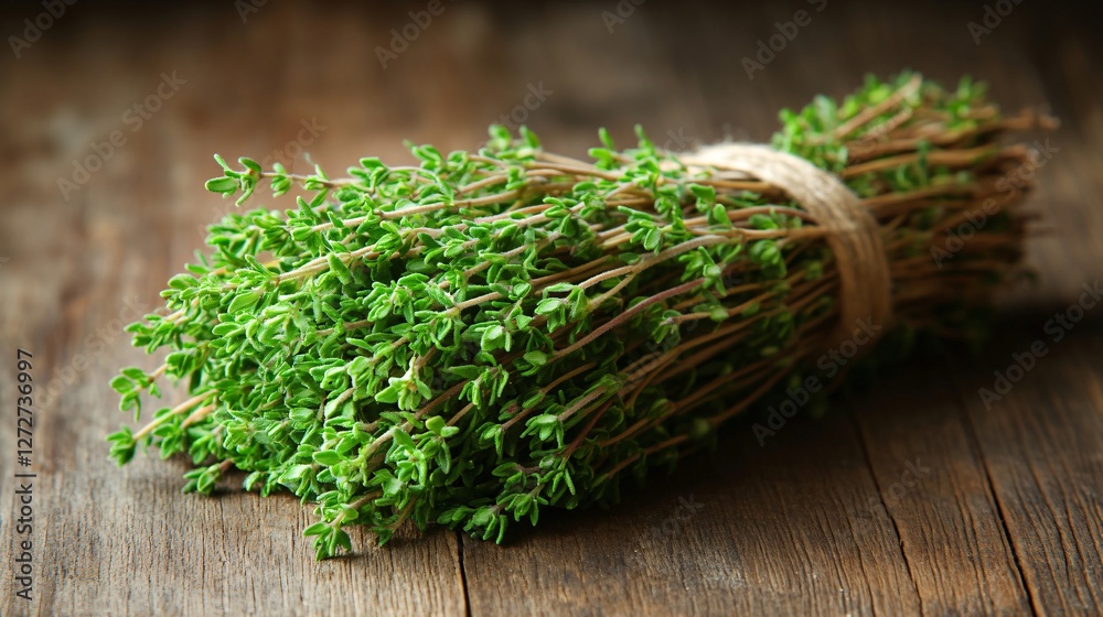 Fresh Thyme Sprigs Bound Together On Wooden Surface Fresh Thyme Sprigs Bound Together On Wooden Surface
