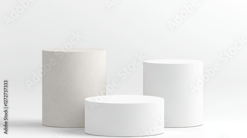 Geometric Displays: Three pristine cylindrical pedestals, each a study in minimalist design, arranged to showcase products in a contemporary gallery or retail space.