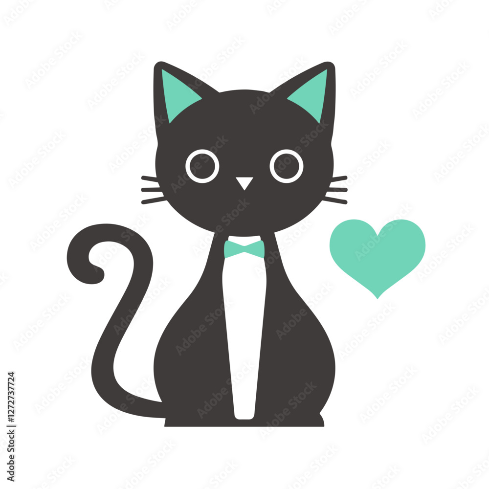 Elegant cat with heart and bowtie in modern design.