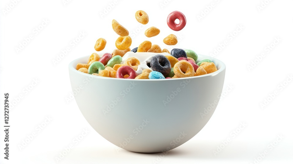 Breakfast Bowl: A vibrant, close-up shot of a bowl overflowing with colorful cereal pieces, capturing the playful and energetic essence of a morning meal. Breakfast Bowl: A vibrant, close-up shot of a bowl overflowing with colorful cereal pieces, capturing the playful and energetic essence of a morning meal.