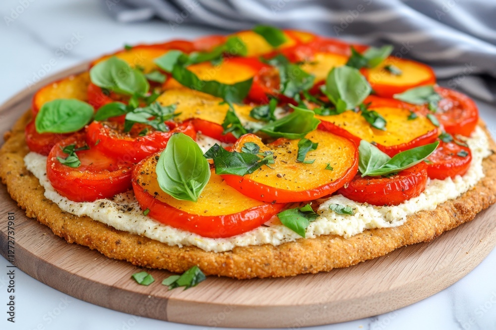 A vegan pizza with colorful vegetables, featuring cashew cheese and a whole-wheat crust