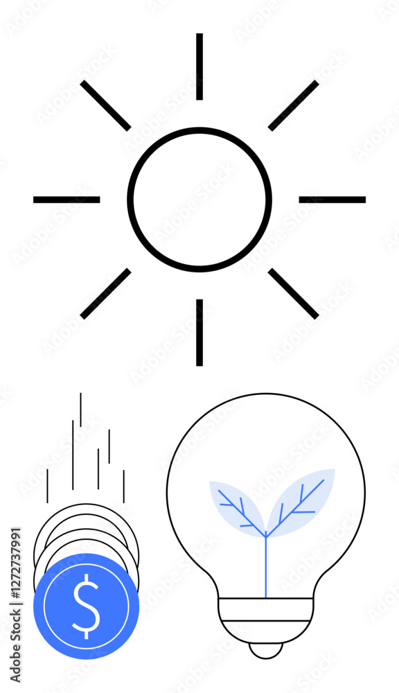Sun icon shining above stacked coins with blue dollar symbol falling beside a light bulb containing a sprouting plant. Ideal for renewable energy, saving money, innovation, eco-friendly ideas Sun icon shining above stacked coins with blue dollar symbol falling beside a light bulb containing a sprouting plant. Ideal for renewable energy, saving money, innovation, eco-friendly ideas