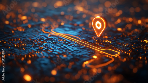 Futuristic GPS Navigation Concept with Glowing Location Pin on Digital Smart City Map – High-Tech Cyber Network, AI-Powered Data Connections, and GPS Tracking for Technology Innovation