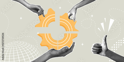 Trendy halftone collage. Teamwork makes dreams come true. The concept of partnership, to get a solution, work efficiency, optimization.Teammates connecting the parts of the gear together.