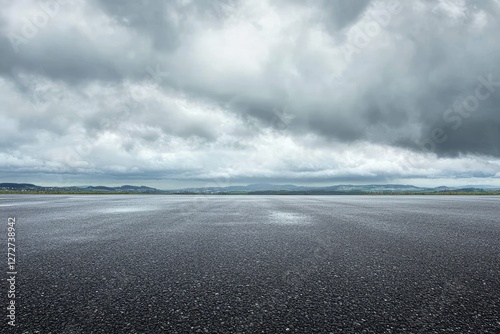 Wet asphalt road, stormy sky, distant hills, overcast