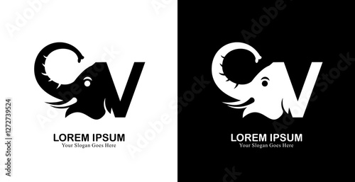 elephant head logo design combined with the letter V