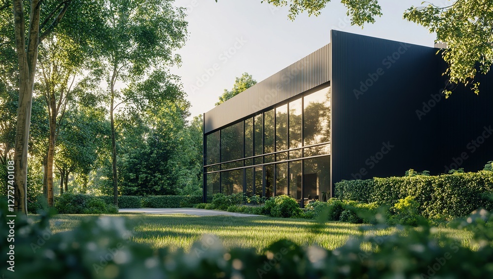 Modern Glass House nestled in Lush Greenery: Sustainable Design, Architectural Marvel, Tranquil Setting, Evening Sunlight, Nature's Embrace.