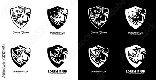 logo design in the form of a collection of rhino heads combined with a shield