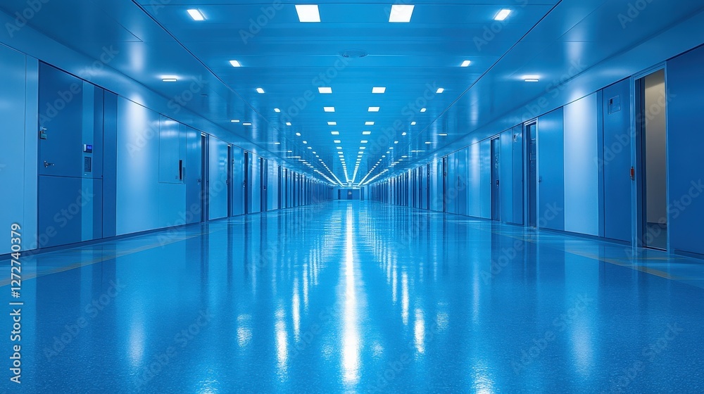 Serene Blue Hallway with Reflective Floor and Soft Lighting Serene Blue Hallway with Reflective Floor and Soft Lighting
