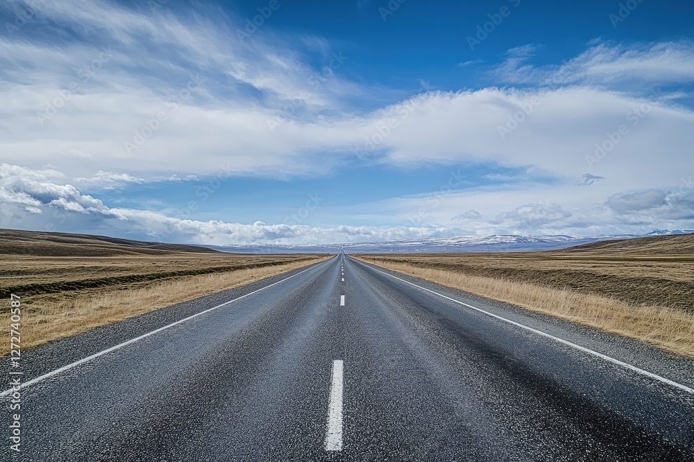 Open road, vast plains, blue sky, clouds, journey Open road, vast plains, blue sky, clouds, journey