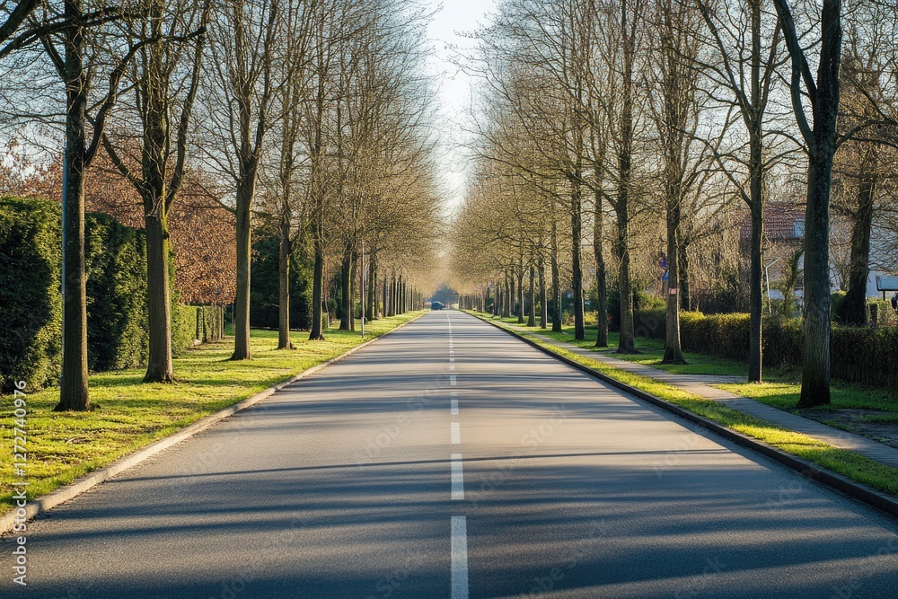 Sunlit avenue, car driving, trees, suburb, peaceful Sunlit avenue, car driving, trees, suburb, peaceful