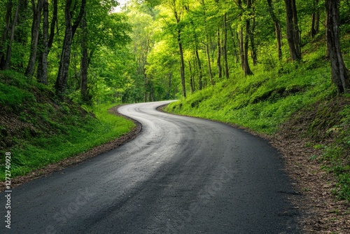 Winding road through lush green forest, sunlight dappled, travel, nature