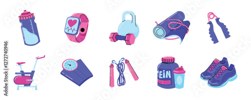 Essential Fitness and Wellness Equipment Vector Set. Fitness gear, including dumbbells, water bottle, shoes, and smartwatch