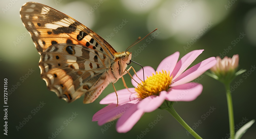 Fototapeta premium Butterfly Resting on Pink Flower with Detailed Wing Pattern Closeup