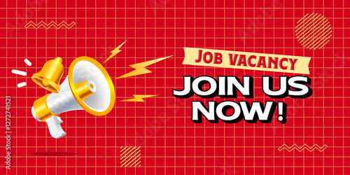 modern grid background megaphone with bell vector, shouting loudspeaker with lightning banner. concept of join us, job vacancy and announcement in modern style. Social media marketing symbol concept.