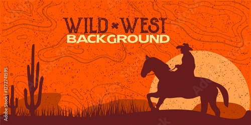 Silhouette of Cowboy riding horses at sunset vector. Wild west rustic landscape background.