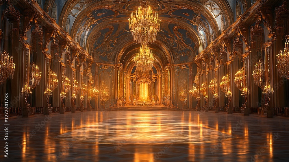 Obraz premium A royal ballroom with intricate golden detailing and elegant chandeliers