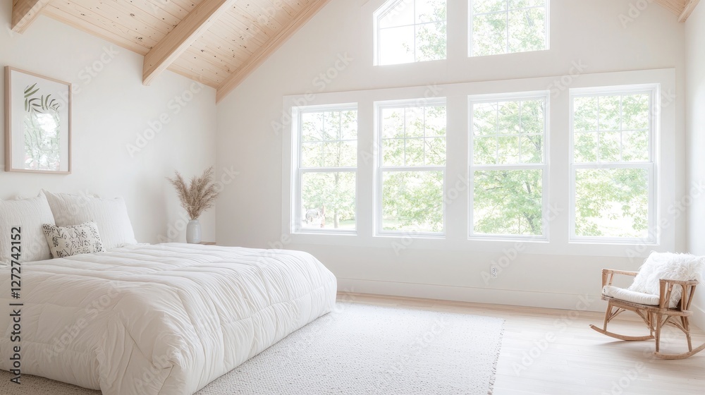 Fototapeta premium Minimalist bedroom featuring a large bed with white bedding, a wooden vaulted ceiling, and large windows filled with bright natural light.