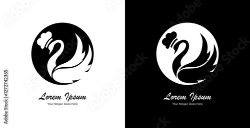A logo design in the form of a swan wearing a chef's hat combined with a circle