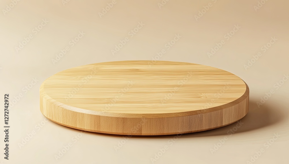 Round wooden display, beige background, product presentation Round wooden display, beige background, product presentation