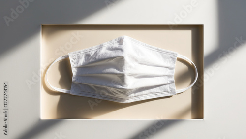 A white, translucent, and matte finish medical mask sheet with a lumpy, bumpy texture, surrounded by a clean, smooth, and solid, creamy white background