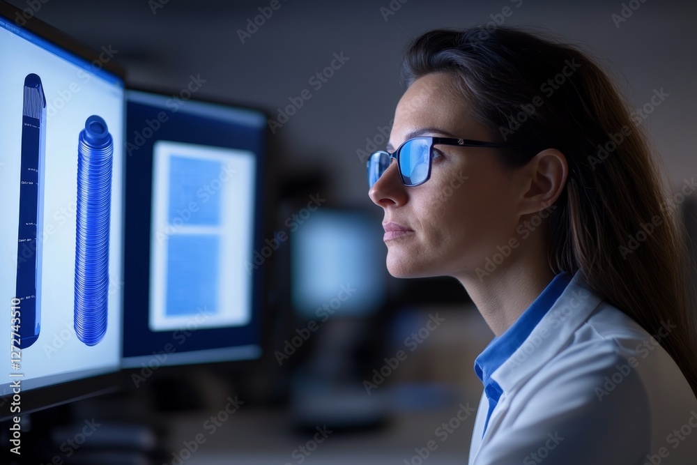 Focused engineer analyzing technical designs on dual monitors in modern workspace environment Focused engineer analyzing technical designs on dual monitors in modern workspace environment