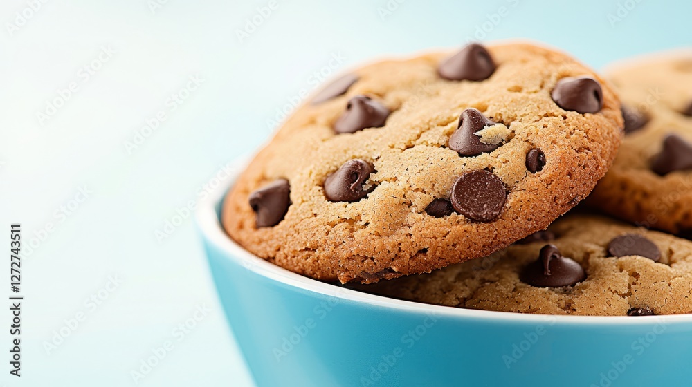 Freshly baked chocolate chip cookies in a blue bowl against a soft background Freshly baked chocolate chip cookies in a blue bowl against a soft background