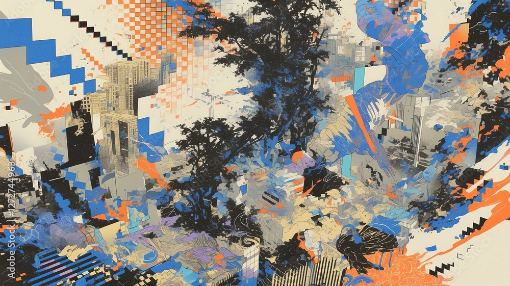 Fototapeta premium Abstract urban landscape with trees, digital art style, possible use for wallpaper