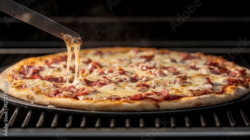 Freshly baked pizza with melting cheese and toppings being sliced in the oven