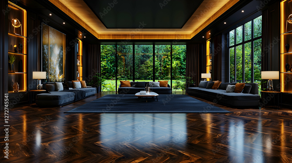 Fototapeta premium Luxurious living room, forest view, evening ambiance, home interior design