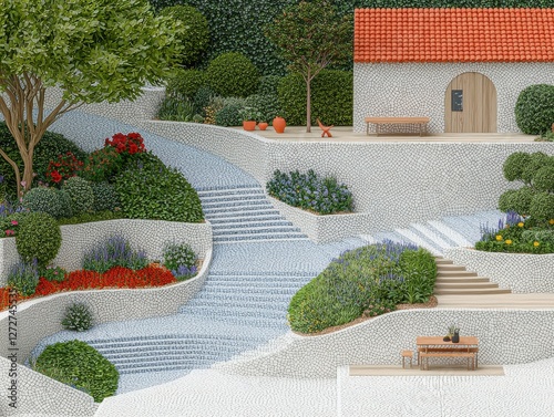 Community garden shared by residents scenic village landscape design serene environment elevated viewpoint sustainable living