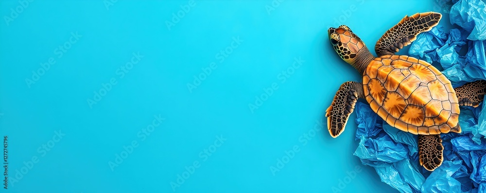 Colorful Sea Turtle on Blue Background with Ocean Waste Plastic Colorful Sea Turtle on Blue Background with Ocean Waste Plastic