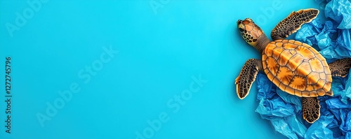 Colorful Sea Turtle on Blue Background with Ocean Waste Plastic