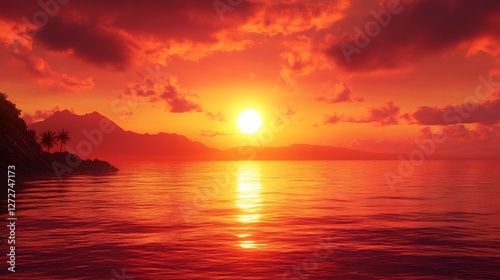 Fiery sunset paints tranquil ocean scene warm vibrant hues reflecting golden light. AI Generated