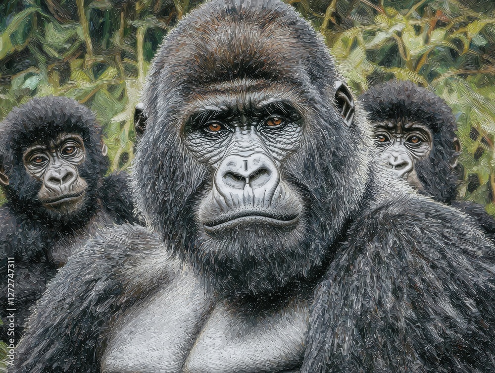 Obraz premium Gorillas in their natural habitat dense jungle wildlife natural environment close-up family dynamics