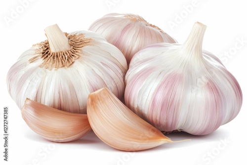 Fresh garlic bulbs and cloves, isolated, food photography, recipe ingredient
