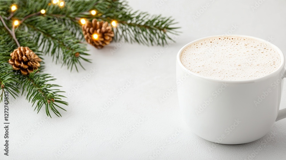 Christmas Latte on Light Grey Tabletop. Possible Use Holiday Coffee, Festive Still Life Christmas Latte on Light Grey Tabletop. Possible Use Holiday Coffee, Festive Still Life