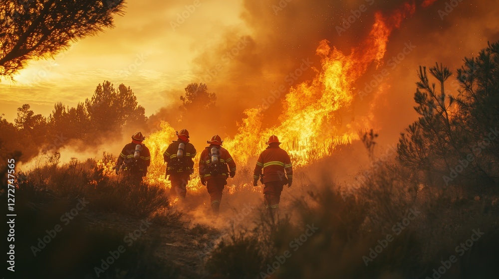 Fototapeta premium Firefighters bravely combat wildfires, showcasing courage and teamwork amidst smoke and flames during a dramatic sunset.