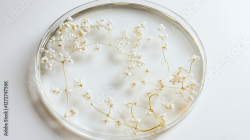 A close-up photograph of Penicillin fungus growing in a Petri dish, showcasing intricate biotechnological culture on a clean white background.