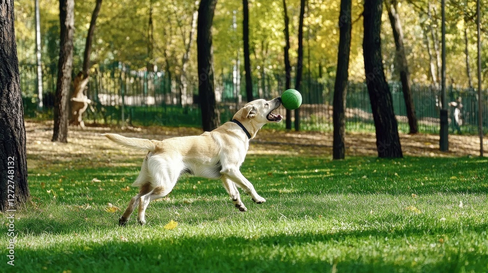 Energetic dog playing fetch in outdoor park vibrant green grass action Energetic dog playing fetch in outdoor park vibrant green grass action