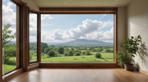 Serene Room with Expansive Window Offering Breathtaking Panoramic View of Rolling Green Hills and Distant Mountain Under a Cloudy Sky