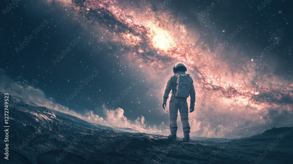 Lone Astronaut in Vast Cosmic Landscape Under Starry Sky Lone Astronaut in Vast Cosmic Landscape Under Starry Sky