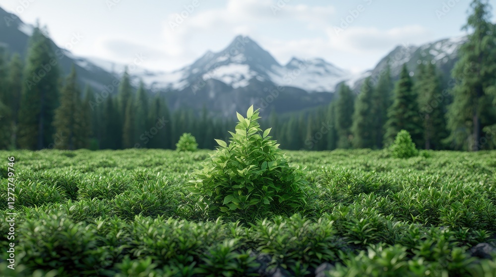 Fototapeta premium Young green pine tree grows in a lush alpine meadow with a dense forest and snow-capped mountains in the background during daytime.
