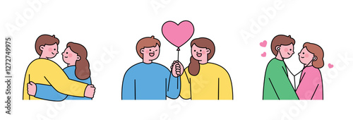 Charming couple illustration set featuring affectionate moments. Includes a couple hugging, holding a heart-shaped balloon, and sharing earphones. 