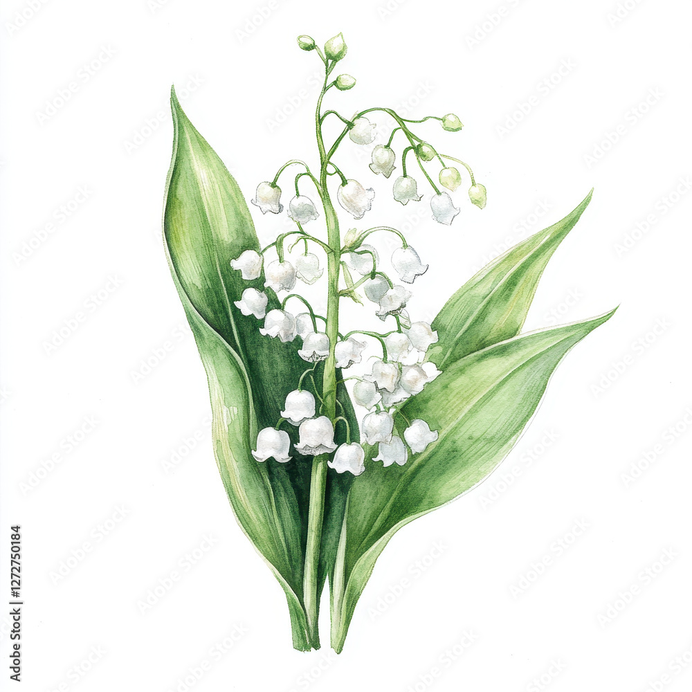 Fototapeta premium Lily of valley flower with delicate white blooms and green leaves, symbolizing purity and sweetness