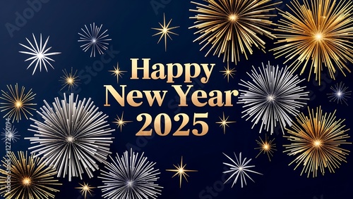 Golden and Silver Fireworks Bursting Over the Night Sky Celebrating 2025 New Year and Festivities
