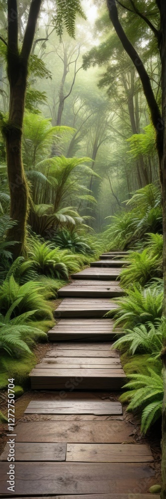 Wooden Steps Leading Through a Misty Forest Path, Surrounded by Lush Green Ferns and Towering Trees Wooden Steps Leading Through a Misty Forest Path, Surrounded by Lush Green Ferns and Towering Trees