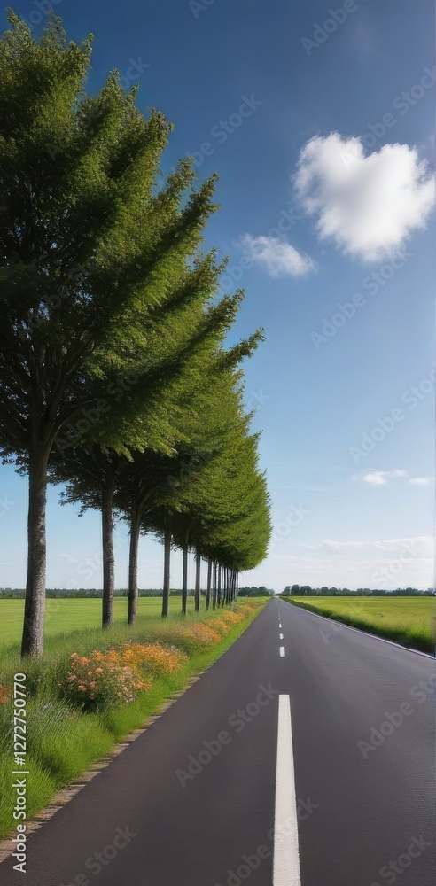 Fototapeta premium Serene asphalt road lined with tall, lush trees under a vibrant summer sky, wildflowers blooming along the roadside