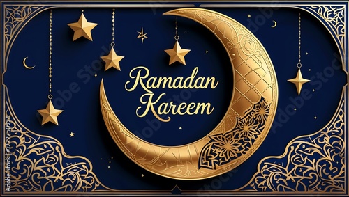 Beautiful Golden Crescent Moon and Stars with Ornate Details Symbolizing Ramadan Kareem and Spiritual Blessings